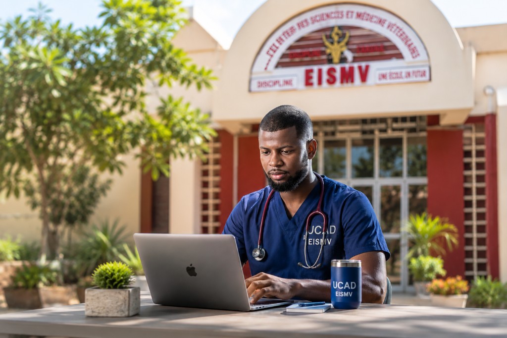 Étudiant en médecine vétérinaire révisant sur le campus EISMV